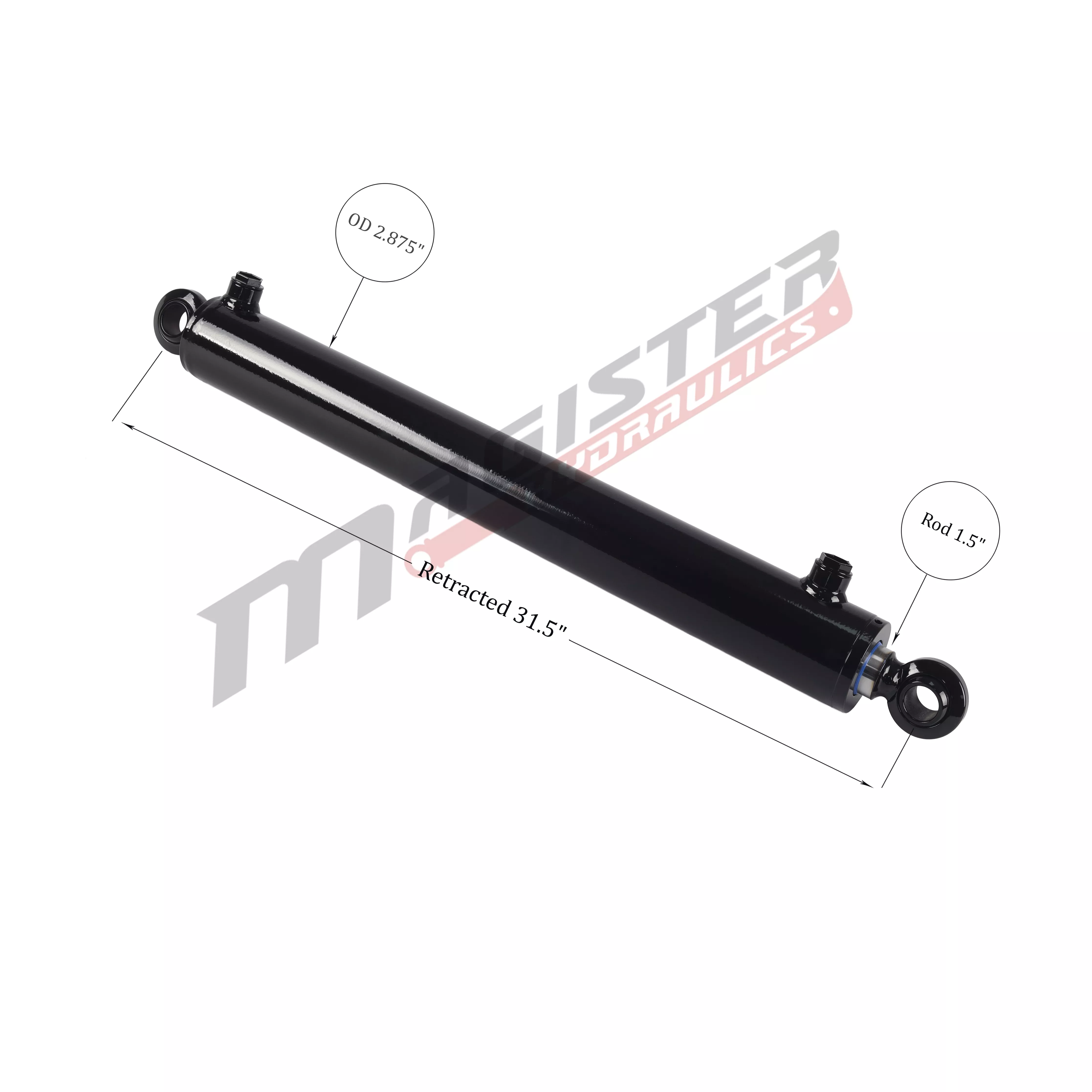 2.5 in bore x 24 in stroke Swivel Ball Hydraulic Cylinder | Magister Hydraulics