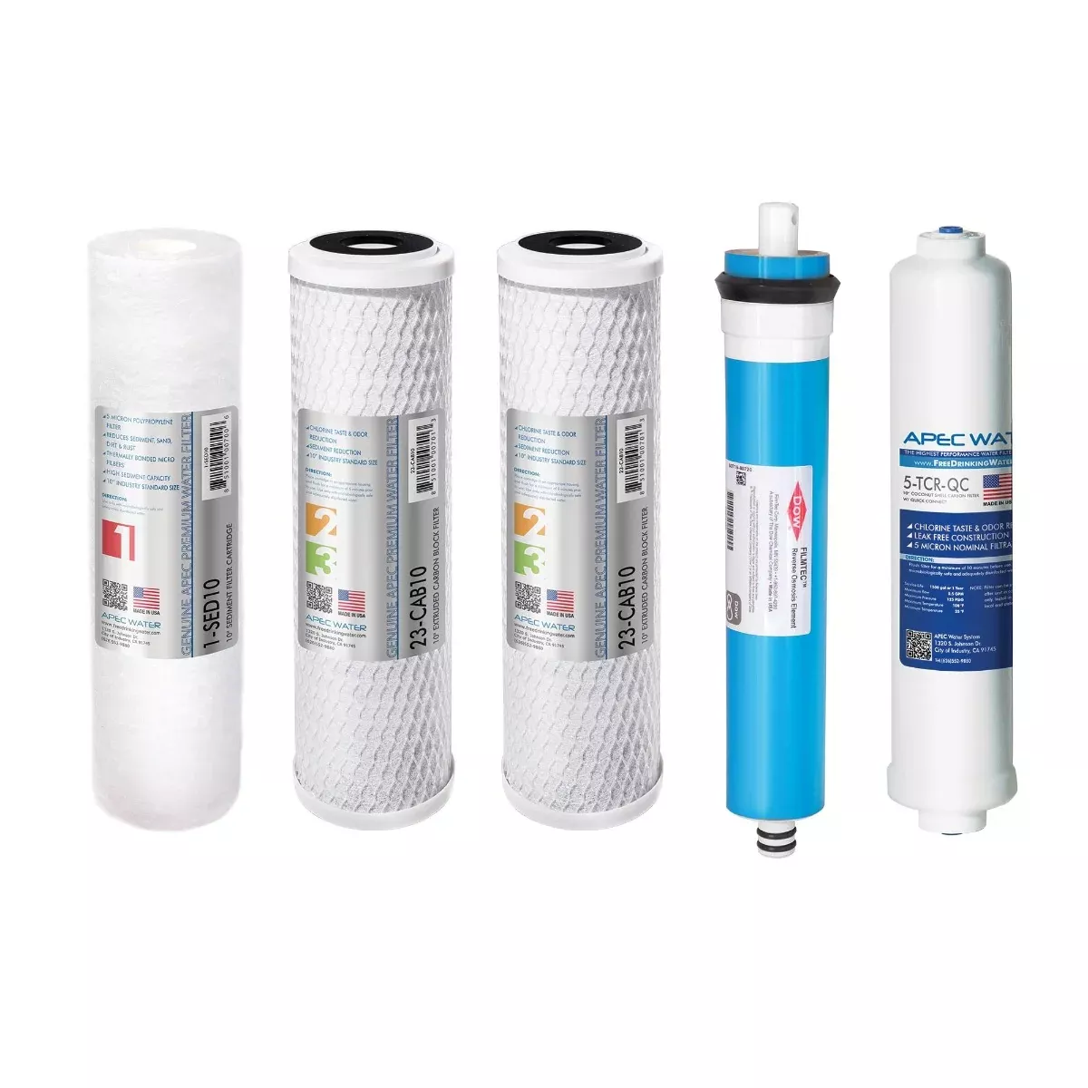 APEC RO Replacement Filters Complete Filter Set for ULTIMATE RO-90 and RO-PERM Models With 1/4"D Tubing (Stages 1-5)