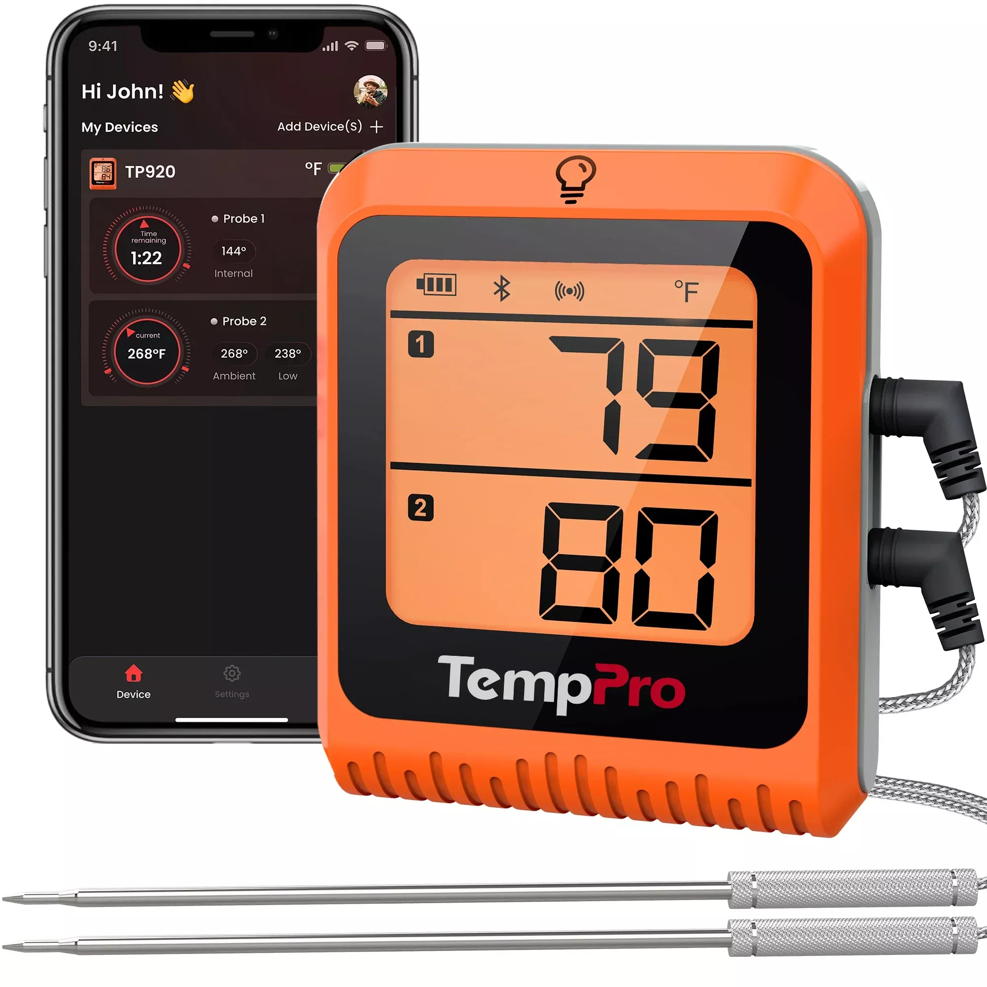 TempPro TP25H2 Wireless Meat Thermometer - 2 Probes, 500ft Range