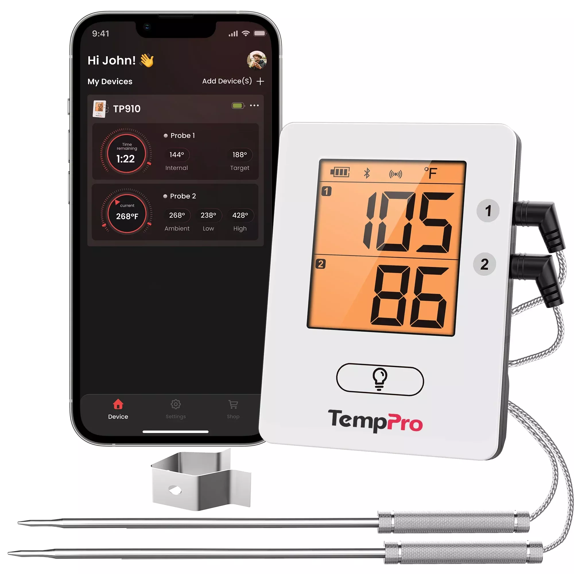 TempPro TP910 Wireless Meat Thermometer - 2 Probes, 650ft Range