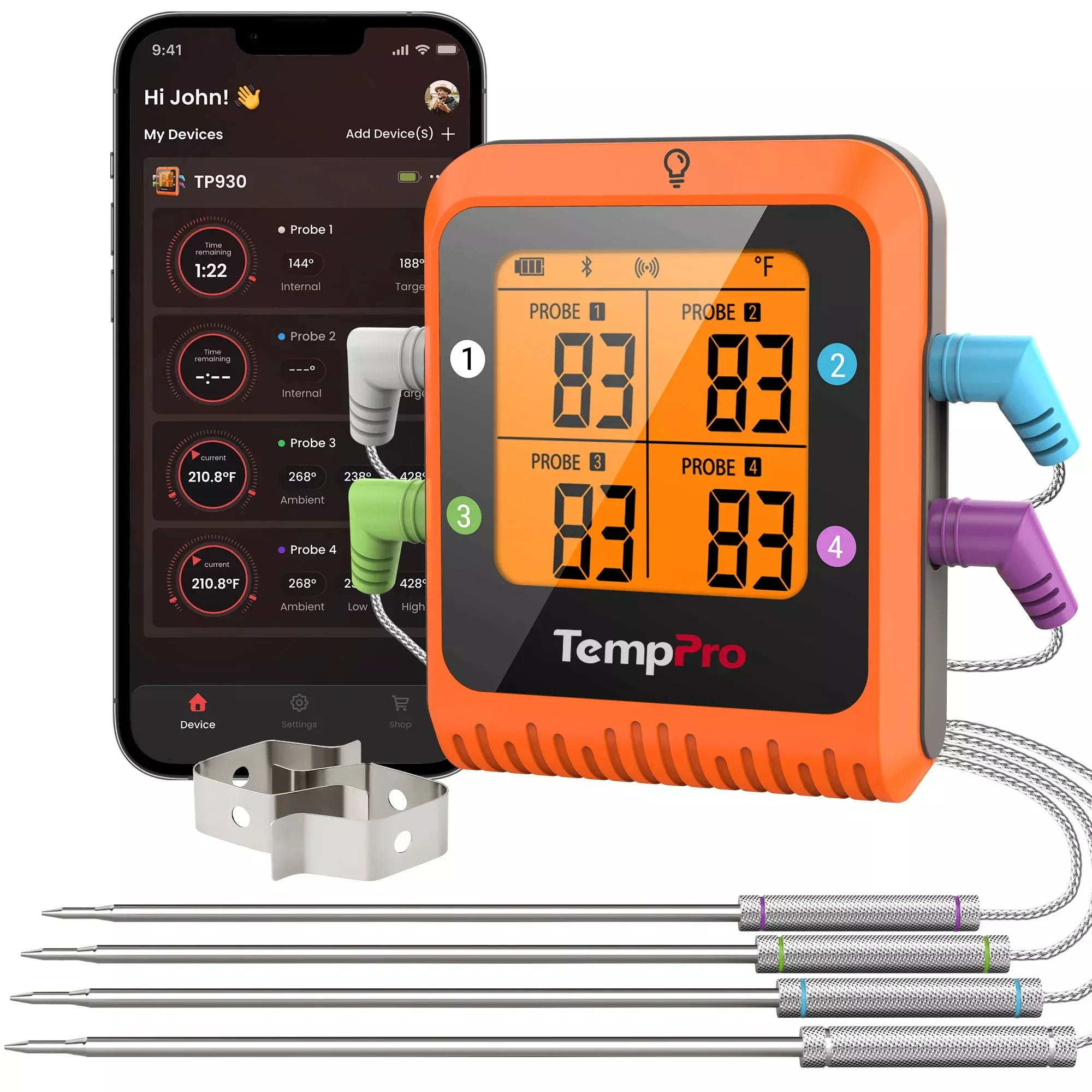 TempPro TP930 Wireless Meat Thermometer - 4 Probes, 650ft Range